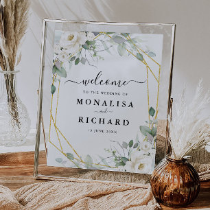 geometric gold white floral wedding sign