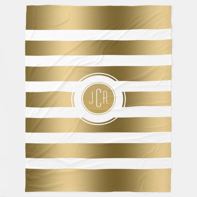 Geometric Gold & White Stripes Modern Design Fleece Blanket (Front)