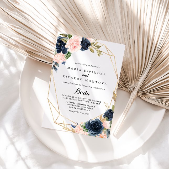Geometric Gold Winter Floral Spanish Wedding Invitation (Creator Uploaded)