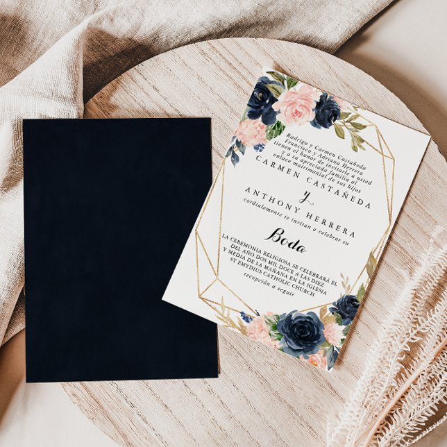 Geometric Gold Winter Floral Spanish Wedding Invitation (Creator Uploaded)