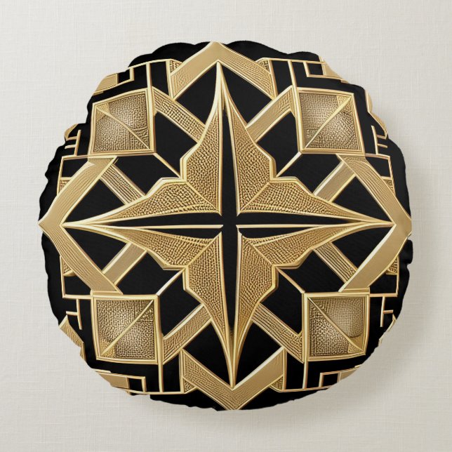 Geometric Golden Art Deco Pattern Round Cushion (Front)