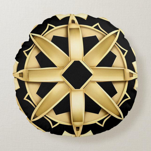Geometric Golden Art Deco Pattern Round Cushion (Front)