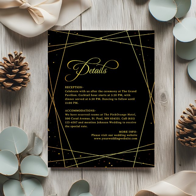 Geometric Golden Luxury Black Tie Wedding Details Enclosure Card (Creator Uploaded)
