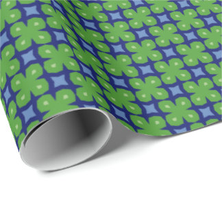 Geometric Green and Blue Four-Leaf Clover Wrapping Paper