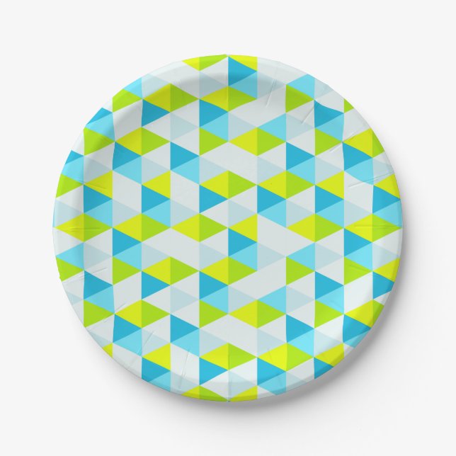 Geometric Green and Blue Triangles Modern Pattern Paper Plate (Front)