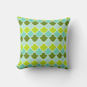 Geometric Green Aqua Turquoise Quatrefoil Pattern Cushion