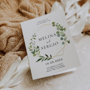 Geometric Green Eucalyptus Leaves Folded Wedding  Programme