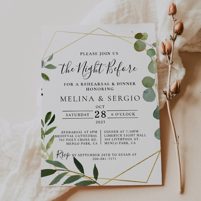 Geometric Green Eucalyptus Rehearsal Dinner  Invitation (Creator Uploaded)