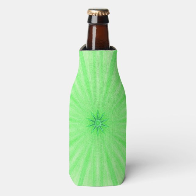 Geometric Green Kaleidoscope Spokes Bottle Coolers (Bottle Front)
