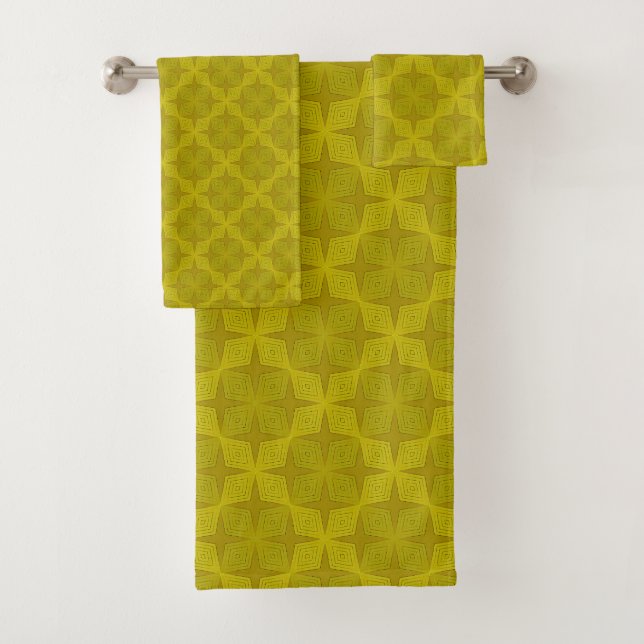 Geometric green olive art deco bath towel set (Insitu)