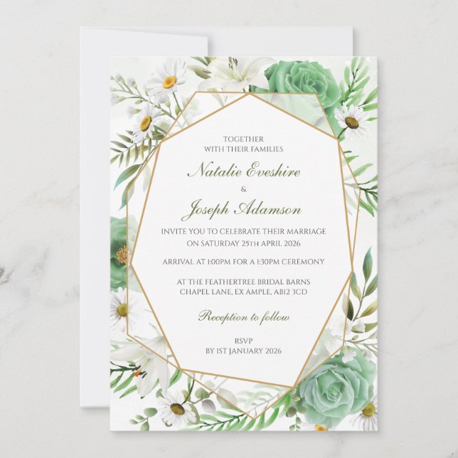 Geometric Green Rose Wedding Invitation (Front)