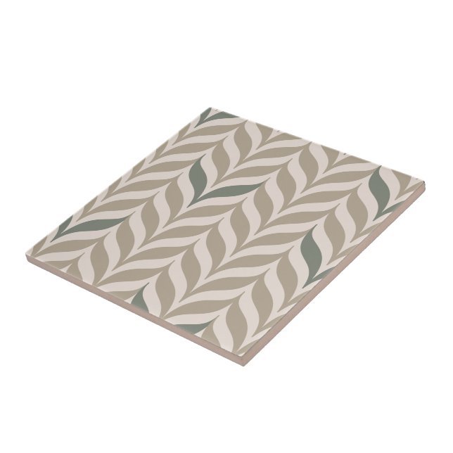 Geometric Green Taupe Decorative Leaf Pattern DIY Tile (Side)