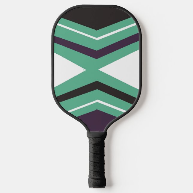 Geometric green, white and purple pattern pickleball paddle (Front)