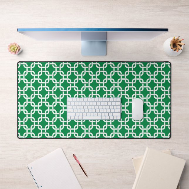 Geometric Green White Link Pattern Preppy Desk Mat (Office 1)
