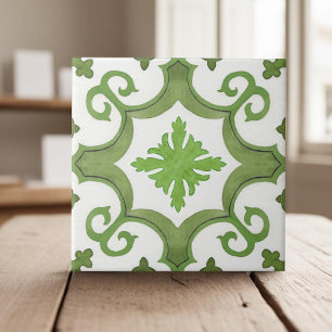Geometric green white moroccan mediterranean style tile
