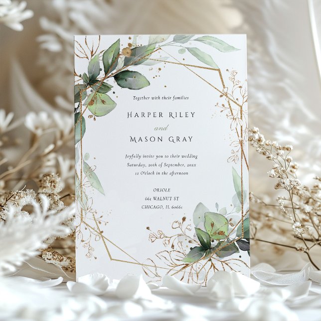 Geometric Greenery and Faux Gold Wedding Invitation (Creator Uploaded)