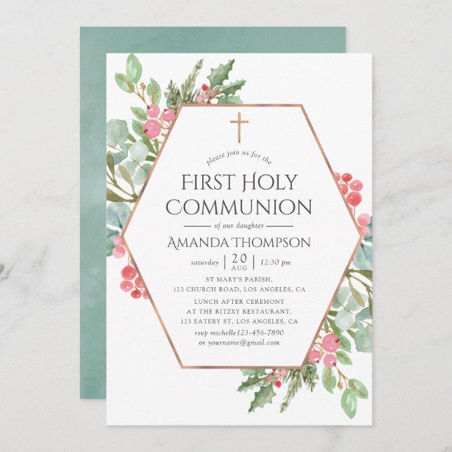 Geometric Greenery Christmas First Holy Communion Invitation (Front/Back)