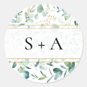 Geometric Greenery Couple Initials Classic Round Sticker