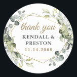 Geometric Greenery Elegant Gold Wedding Thank You Classic Round Sticker<br><div class="desc">Design features eucalyptus,  succulents and greenery elements in shades of dusty sage and blue/grey with a printed gold coloured geometric terrarium border wreath frame.</div>