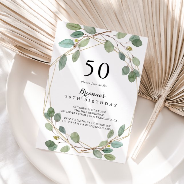 Geometric Greenery Eucalyptus 50th Birthday Party Invitation (Creator Uploaded)