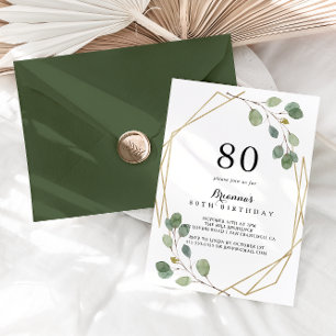 Geometric Greenery Eucalyptus 80th Birthday Party Invitation
