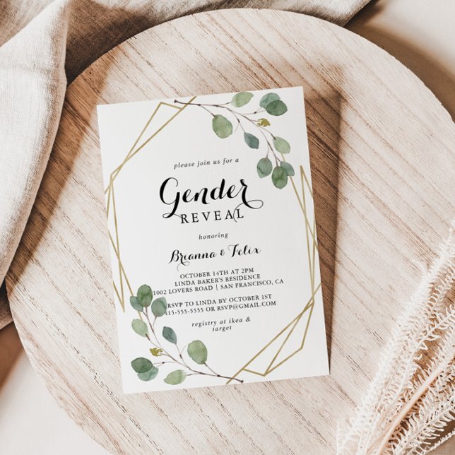 Geometric Greenery Eucalyptus Gender Reveal Party Invitation (Creator Uploaded)