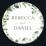 Geometric Greenery Eucalyptus Personalised Wedding Classic Round Sticker<br><div class="desc">Designed to coordinate with our Moody Greenery wedding collection,  this customisable name sticker features sage green eucalyptus watercolor foliage accented with a gold geometric frame with text in gold & grey. To make advanced changes,  go to "Click to customise further" option under Personalise this template.</div>