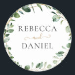 Geometric Greenery Eucalyptus Personalised Wedding Classic Round Sticker<br><div class="desc">Designed to coordinate with our Moody Greenery wedding collection,  this customisable name sticker features sage green eucalyptus watercolor foliage accented with a gold geometric frame with text in gold & grey. To make advanced changes,  go to "Click to customise further" option under Personalise this template.</div>