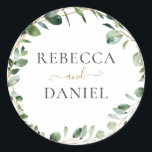 Geometric Greenery Eucalyptus Personalised Wedding Classic Round Sticker<br><div class="desc">Designed to coordinate with our Moody Greenery wedding collection,  this customisable name sticker features sage green eucalyptus watercolor foliage accented with a gold geometric frame with text in gold & grey. To make advanced changes,  go to "Click to customise further" option under Personalise this template.</div>