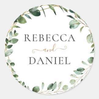 Geometric Greenery Eucalyptus Personalised Wedding Classic Round Sticker