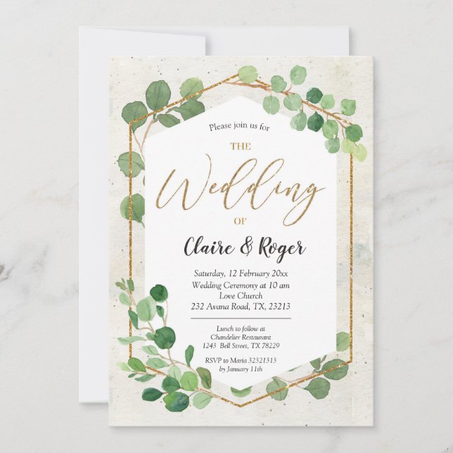 Geometric Greenery Eucalyptus Wedding Invitation (Front)