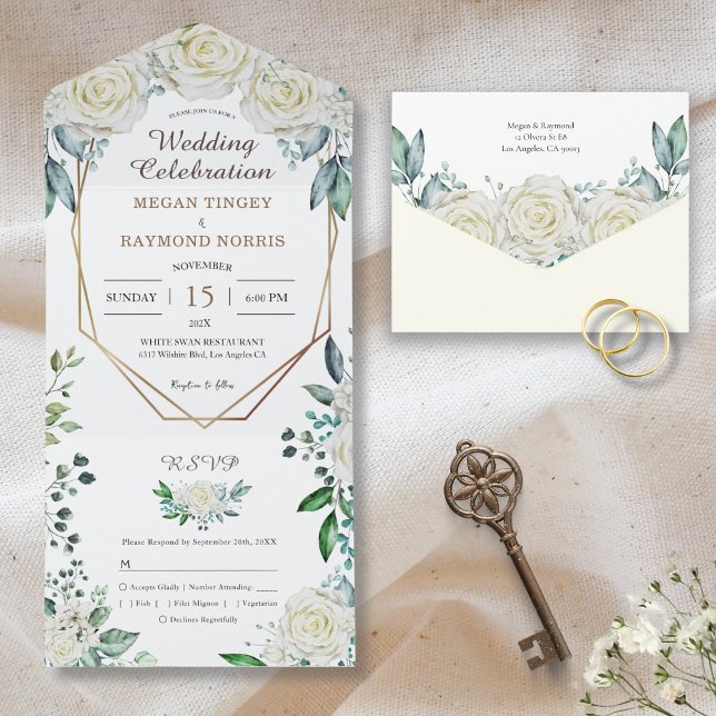 Geometric Greenery Green & White Roses Rustic All In One Invitation (Creator Uploaded)