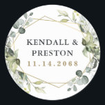 Geometric Greenery Modern Gold Succulent Wedding Classic Round Sticker<br><div class="desc">Design features eucalyptus,  succulents and greenery elements in shades of dusty sage and blue/grey with a printed gold coloured geometric terrarium border wreath frame.</div>