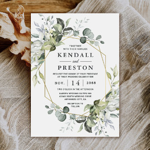 Geometric Greenery Modern Gold Succulent Wedding Invitation