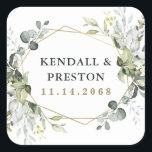Geometric Greenery Modern Gold Succulent Wedding Square Sticker<br><div class="desc">Design features eucalyptus,  succulents and greenery elements in shades of dusty sage and blue/grey with a printed gold coloured geometric terrarium border wreath frame.</div>