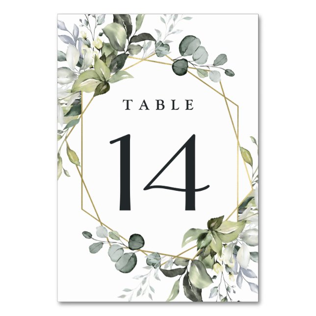 Geometric Greenery Modern Gold Succulent Wedding Table Number (Front)