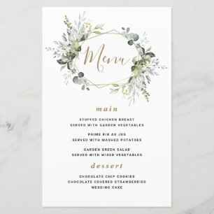 Geometric Greenery Modern Gold Wedding Menu Cards