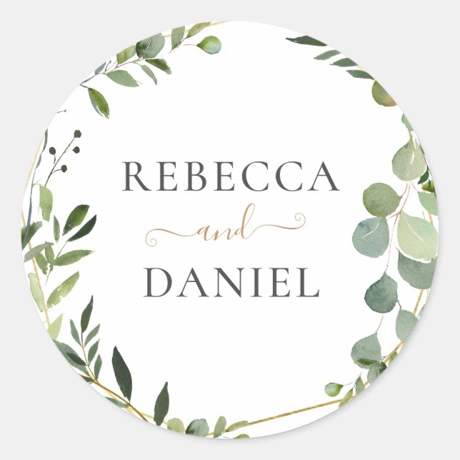 Geometric Greenery Personalised Wedding Classic Round Sticker (Front)