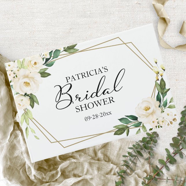 Geometric Greenery White Floral Bridal Shower Guest Book (Creator Uploaded)