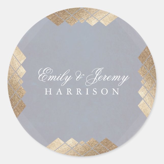 Geometric Grey Gold Gatsby Wedding Classic Round Sticker (Front)