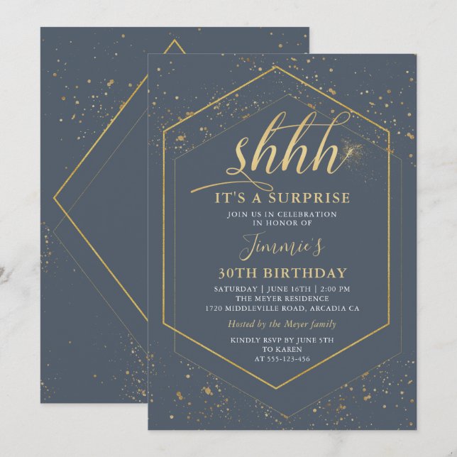 Geometric Grey Gold Surprise Birthday Invitation (Front/Back)