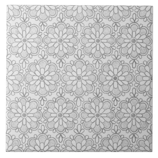Geometric Grey Patterns Abstract Flowers Tile (Front)