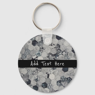 Geometric Grey, White and Black Hexagon Pattern Key Ring