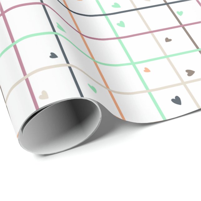 Geometric Grid Pattern with Scattered Hearts Wrapping Paper (Roll Corner)