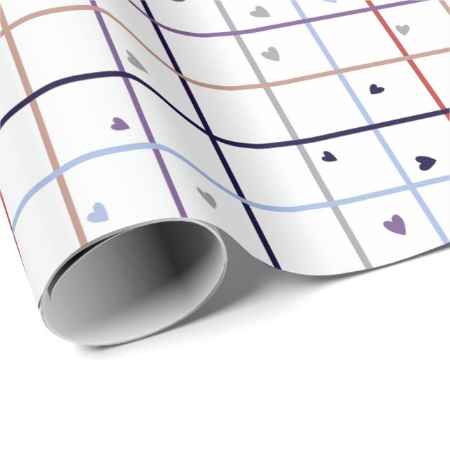 Geometric Grid Pattern with Scattered Hearts Wrapping Paper (Roll Corner)