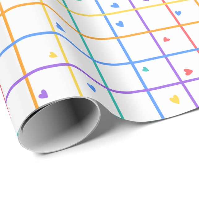 Geometric Grid Pattern with Scattered Hearts Wrapping Paper (Roll Corner)