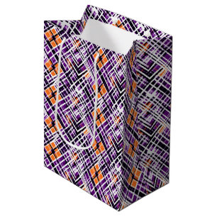 Geometric Halloween Plaid - Purple, Orange, White Medium Gift Bag