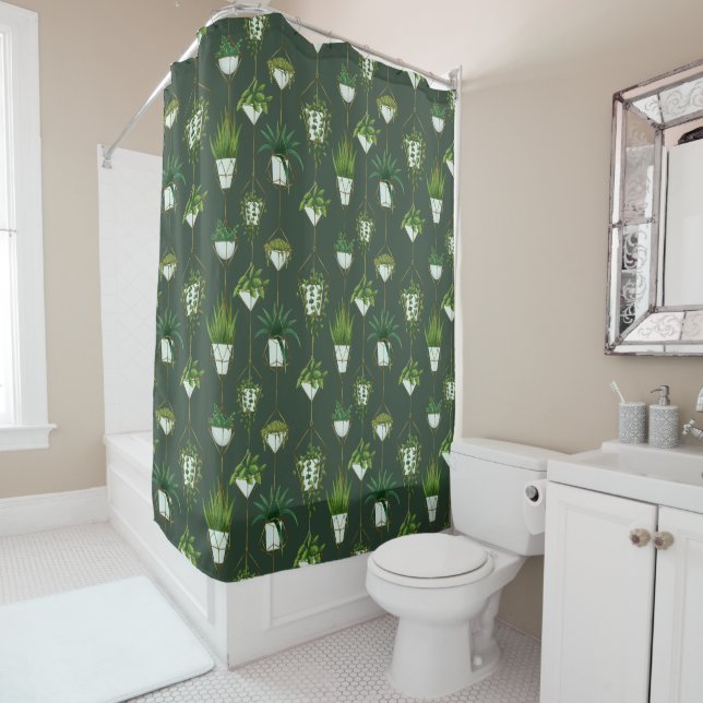 Geometric Hanging Houseplant Pattern Shower Curtain (In Situ)