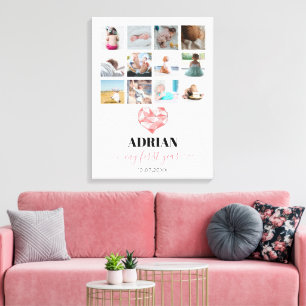 Geometric Heart Baby's First Year Photo Collage Canvas Print