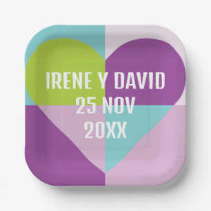 Geometric Heart Blue Green Grid Lila Paper Plate